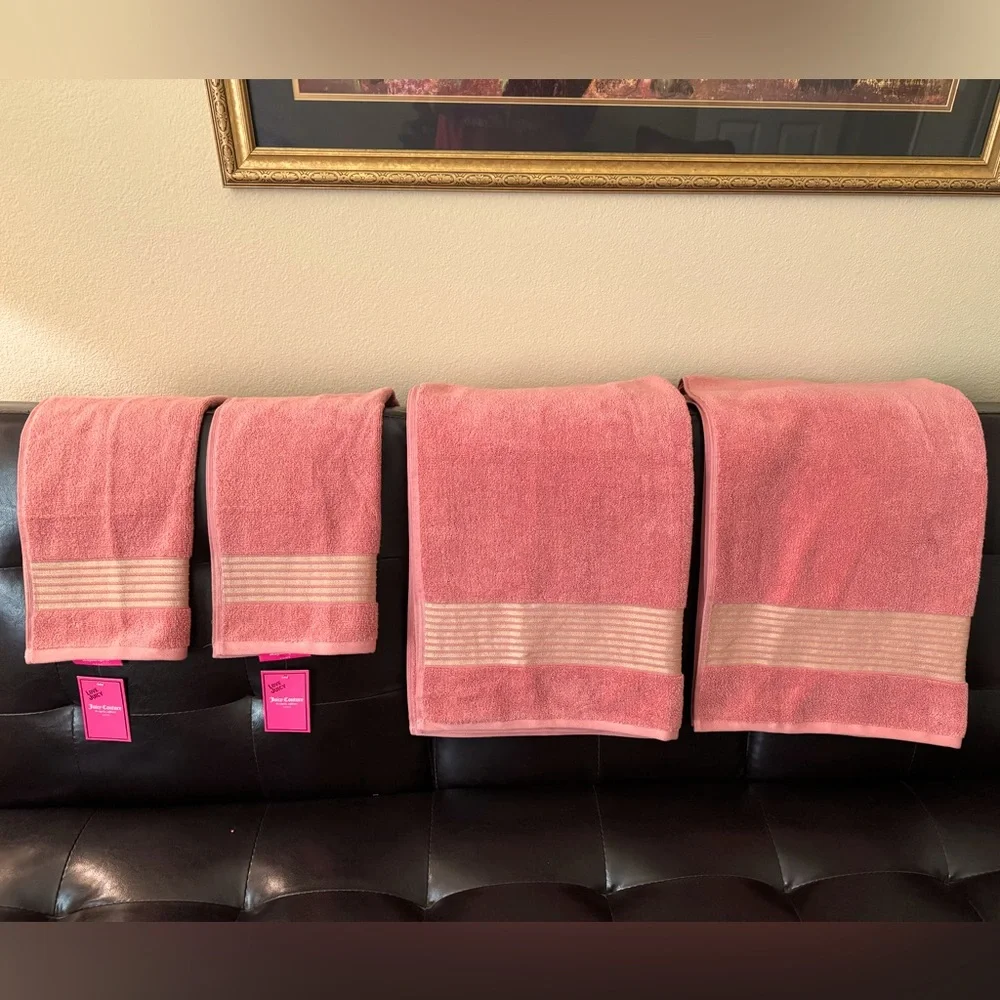 Plush Bath Towel Set by Juicy Couture Home - Coral with Gold Striped Border